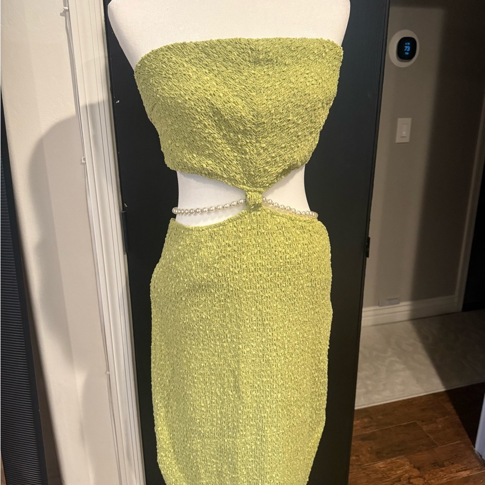 Fashion Nova Lime Green Strapless Cutout Midi Dress with Pearl Detail